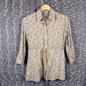 Liz‎ Claiborne Women's Beige White Floral 3/4 Sleeve Drawstring Waist Blouse